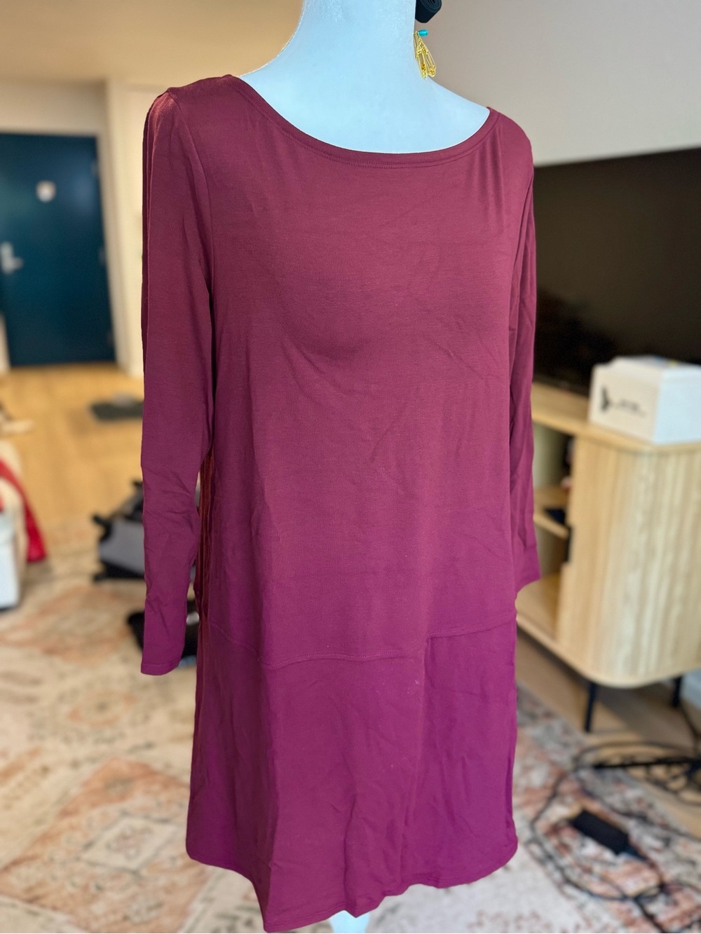 New Eileen Fisher Long Sleeve Scoop Neck Dress in Wine